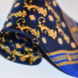 Vintage Gianni Versace Silk Tie - Baroque Gold & Blue Medusa Design - Made in It